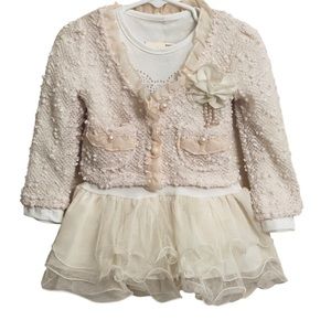 Girls Cream Lace Jacket Coat Tutu Dress Flower Pearls 2 Piece Set Size 2/3T NEW